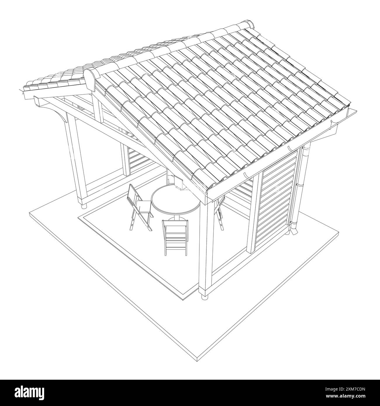 Umriss des Pavillons. Lineare Silhouette mit schwarzer Kontur. Kontur eines Sommerhauses mit Bänken, Tisch und Dach. Vektorabbildung. 3D. Stock Vektor
