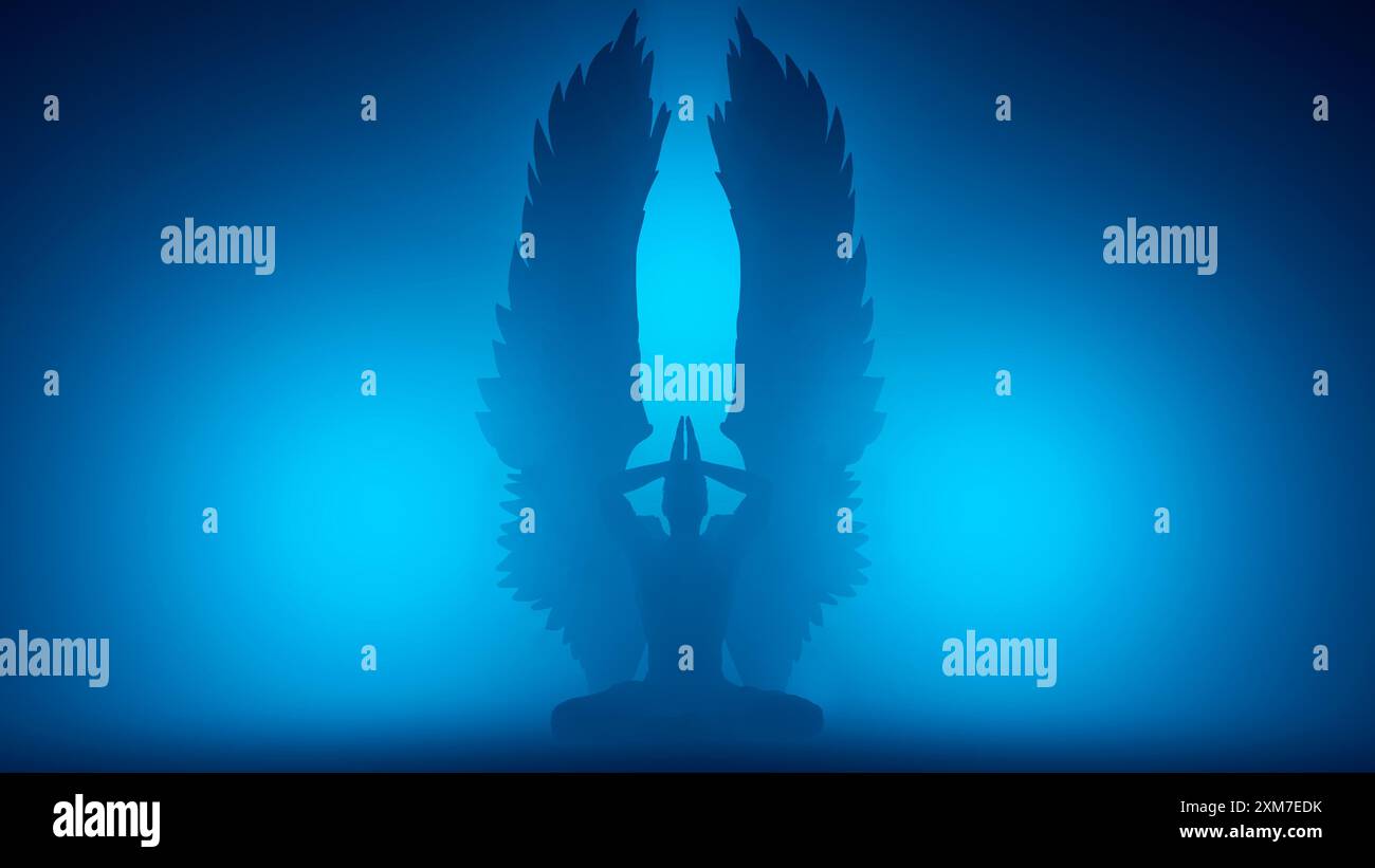 3D-Illustration einer Engelsilhouette auf blauem Hintergrund Stockfoto