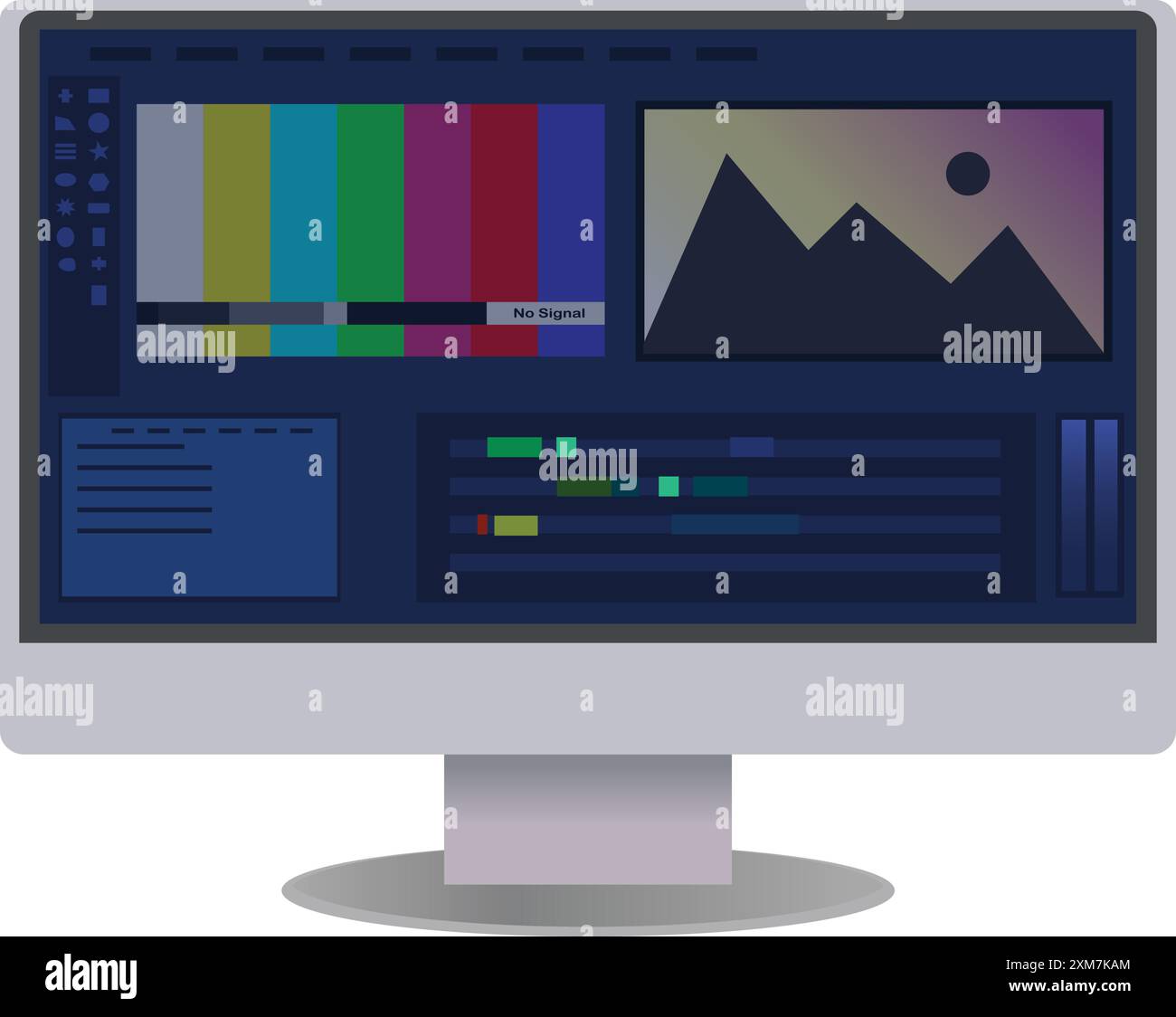 Videoproduktion, Bearbeitung von weißem Desktop-Symbol, Video-Bearbeitung Timeline-Fenster-Software, Bearbeitungsmischer, Video-Workshop, Video-Software auf weißem Computer Stock Vektor