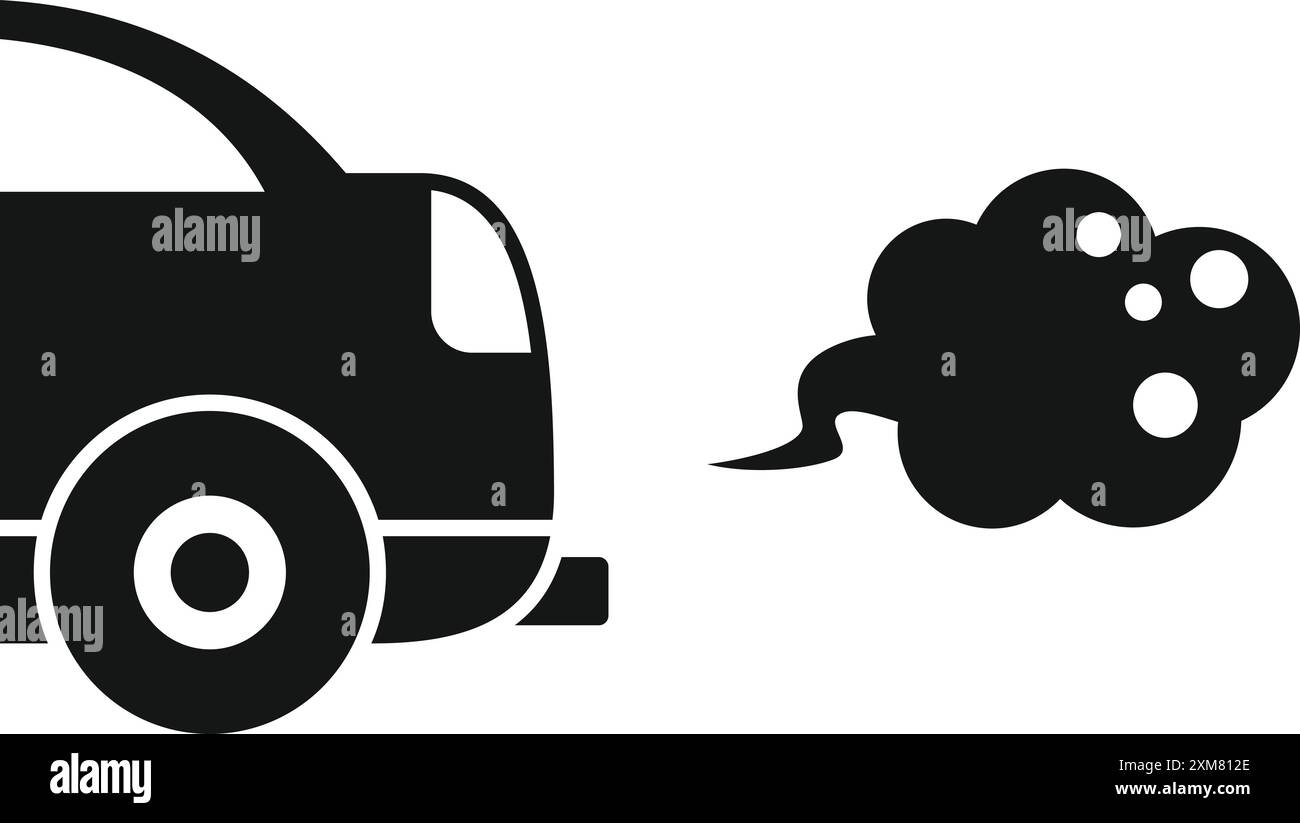 Schwarze Silhouette eines Autos, das Rauch mit sichtbaren schädlichen Partikeln ausstrahlt Stock Vektor