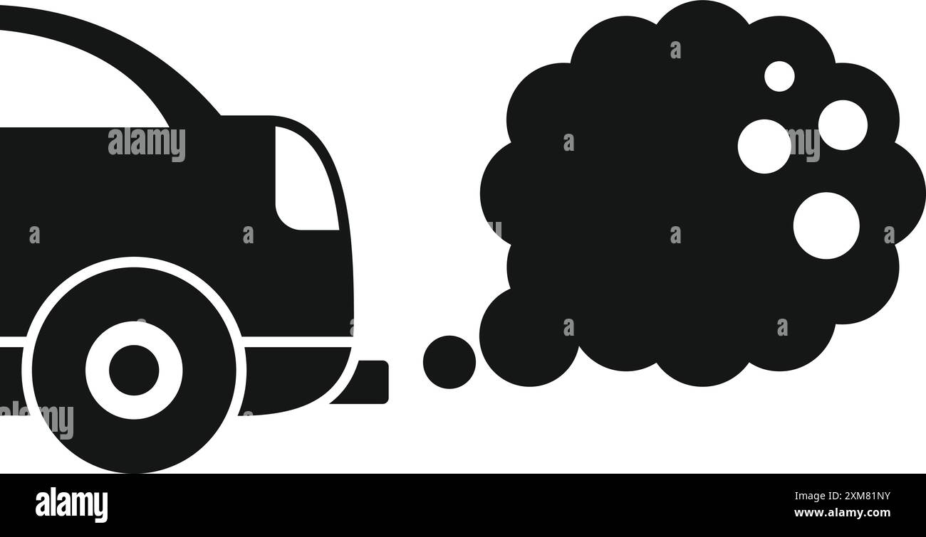 Einfaches schwarz-weißes Symbol eines Autos, das Rauch ausstrahlt und die Luftverschmutzung darstellt Stock Vektor