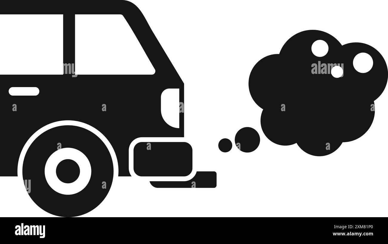Einfaches schwarz-weißes Symbol eines Autos, das eine Wolke giftiger Gase aus seinem Auspuffrohr ausstößt und die Luftverschmutzung darstellt Stock Vektor