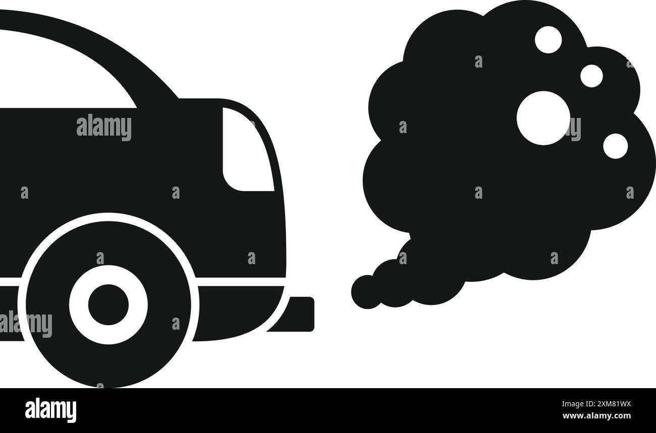 Einfaches schwarz-weißes Symbol eines Autos, das Rauch aus seinem Auspuffrohr ausstößt Stock Vektor