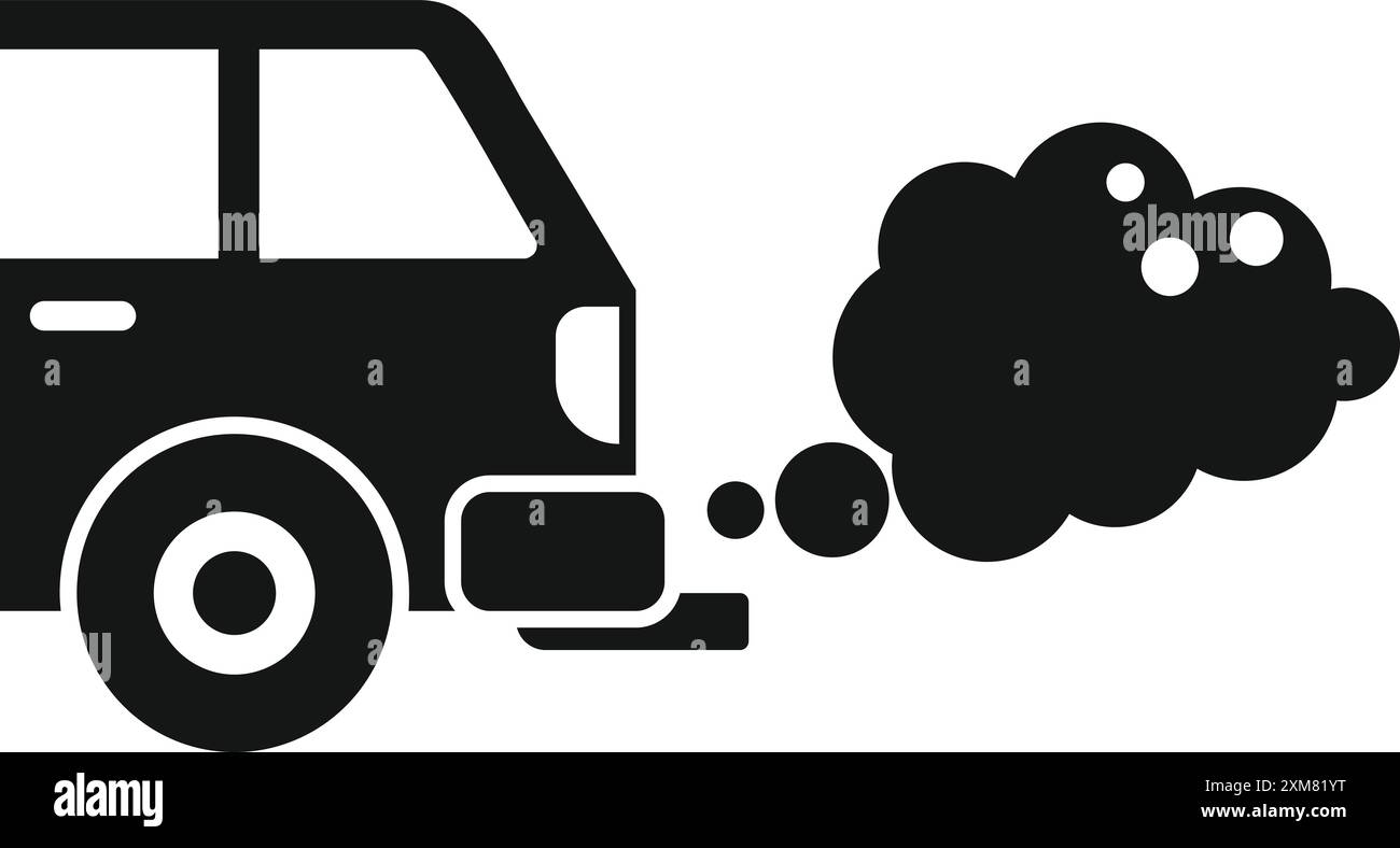 Schwarz-weißes Symbol für ein Auto, das Abgase aus seinem Auspuffrohr ausstößt und die Luftverschmutzung darstellt Stock Vektor