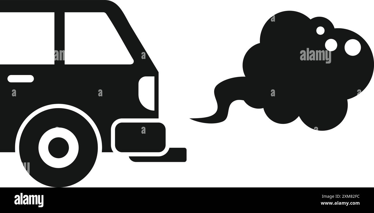 Einfaches Symbol für ein altes Auto, das eine große Rauchwolke ausstrahlt und die Verschmutzung symbolisiert Stock Vektor