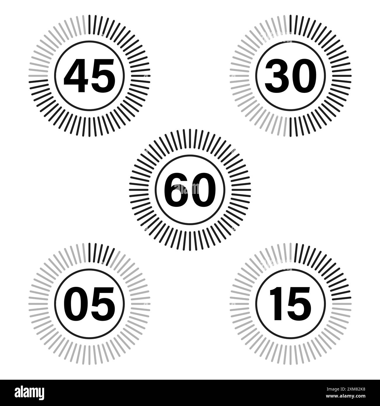 Timer-Countdown-Symbole. Kreisförmige Zeitanzeigen. Zahlen mit radialen Linien. Vektorabbildung. Stock Vektor
