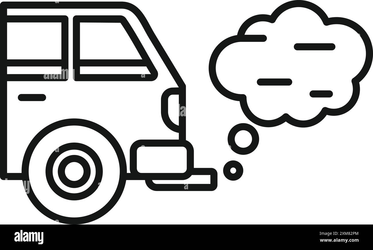 Liniensymbol eines Fahrzeugs, das Abgase abgibt und die Luftverschmutzung und Umweltschäden darstellt Stock Vektor