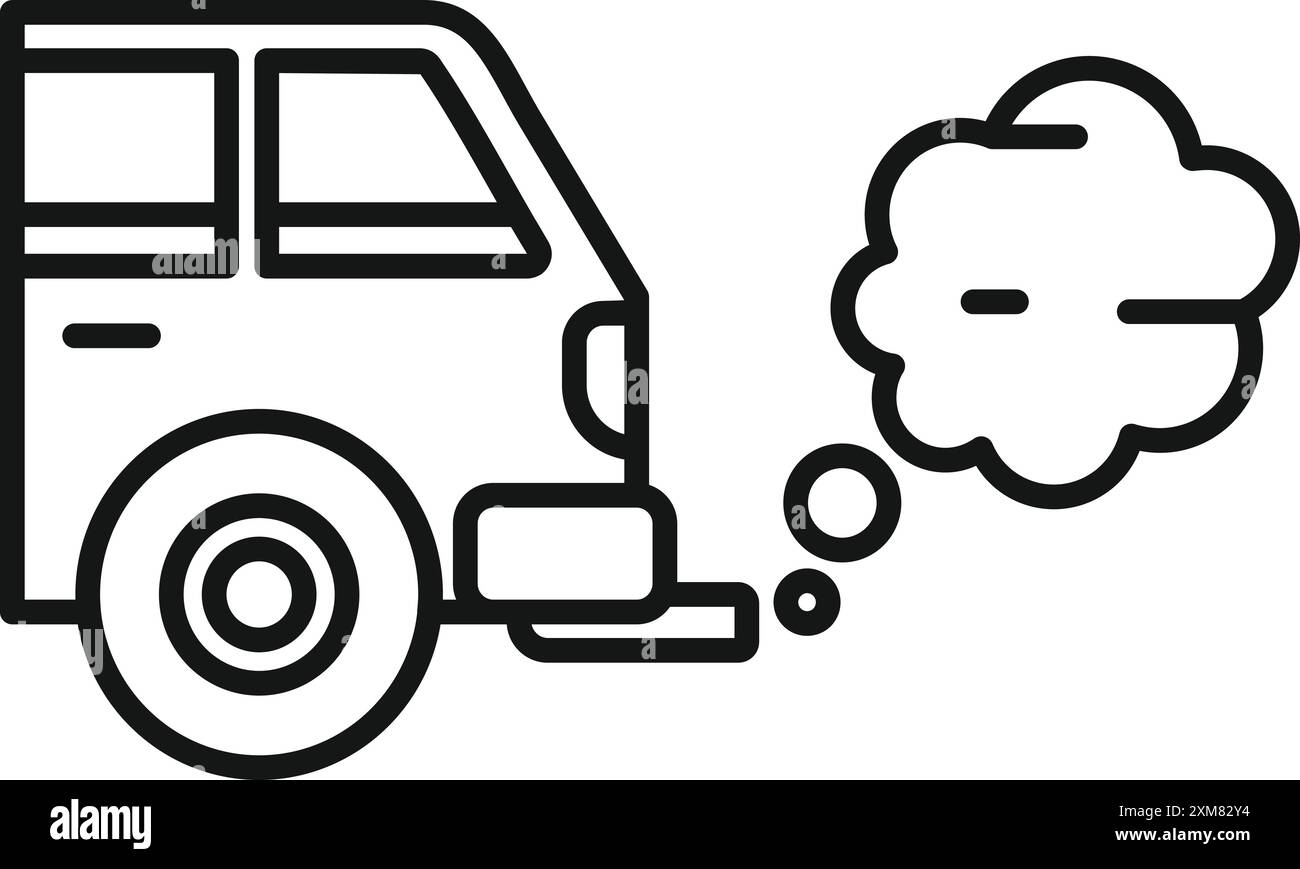 Linienzeichnung eines alten Autos, das auf der Straße rauchfrei fährt Stock Vektor
