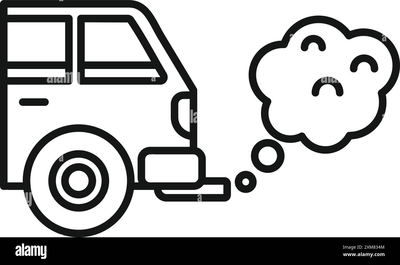 Einfache, auffällige Darstellung eines Autos, das Verschmutzung ausstrahlt, als traurige, gesichtsförmige Rauchwolke Stock Vektor