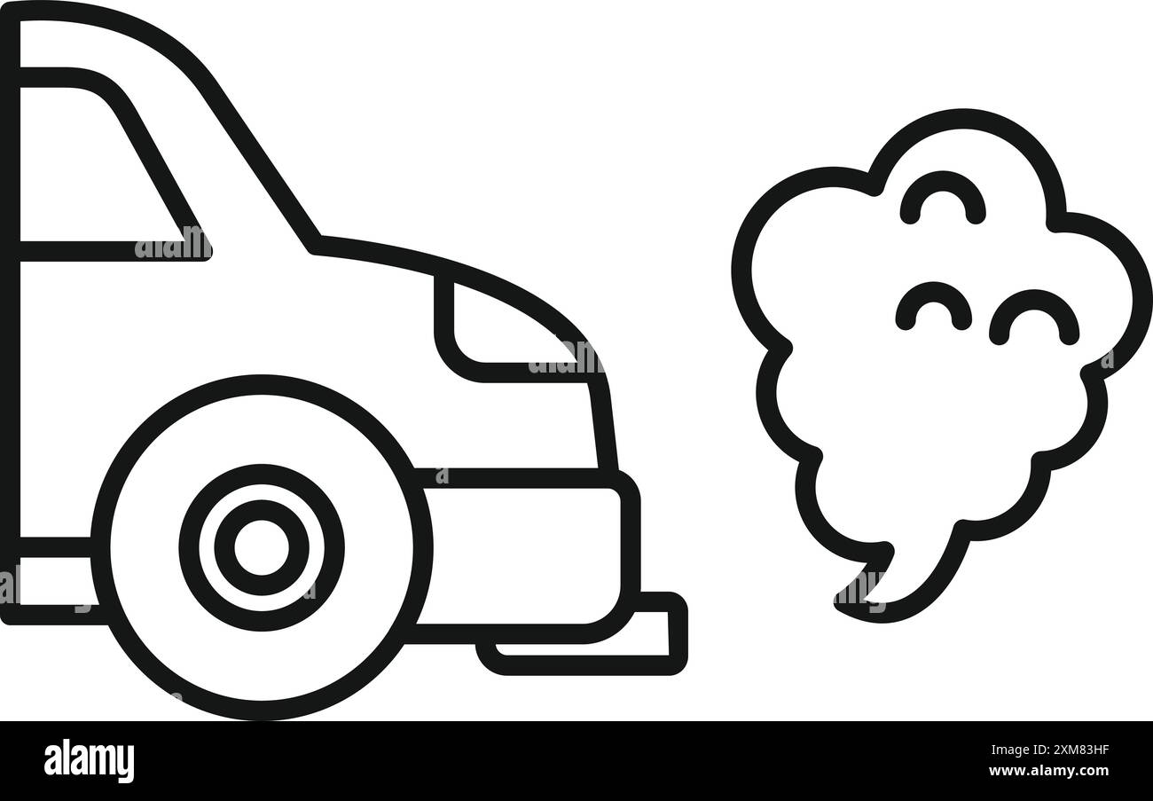 Linienzeichnung eines Autos, das Abgase abgibt, als Symbol für Luftverschmutzung und Umweltschäden Stock Vektor