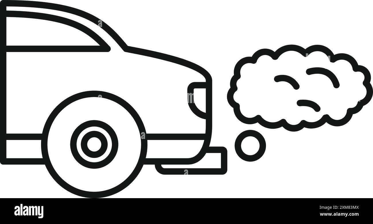 Linienzeichnung eines Autos, das Abgase abgibt, als Symbol für Luftverschmutzung und Umweltschäden Stock Vektor