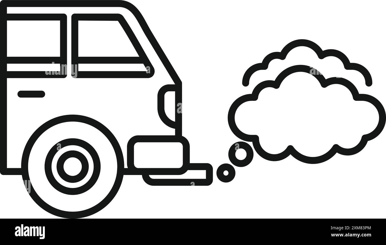 Linienzeichnung eines alten Autos, das Schadstoffe ausstößt, perfekt für eine Illustration von Umweltproblemen Stock Vektor