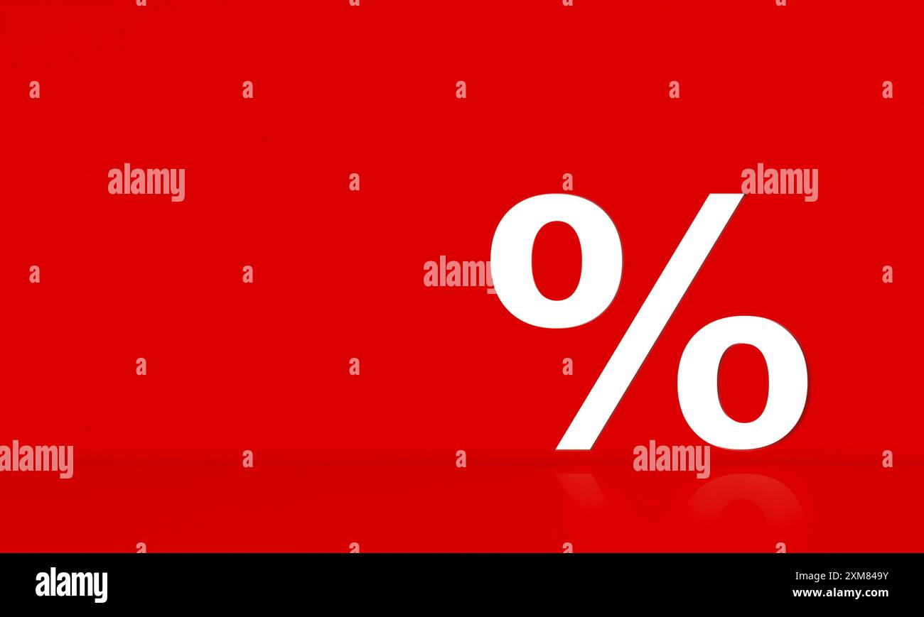 Weißes Prozentzeichen roter Hintergrund 3D-Rendering Stockfoto
