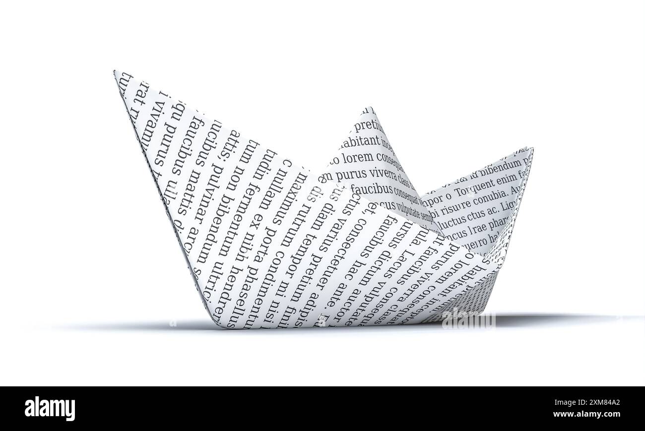 Gefaltetes Papierboot lorem ipsum weißer Hintergrund 3D-Rendering Stockfoto