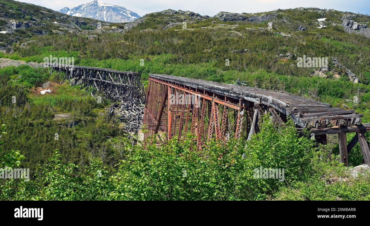 Eine verlassene Eisenbahnbrücke, teilweise eingestürzt, an der White Pass and Yukon Route Railway in der Nähe von Skagway, Alaska Stockfoto