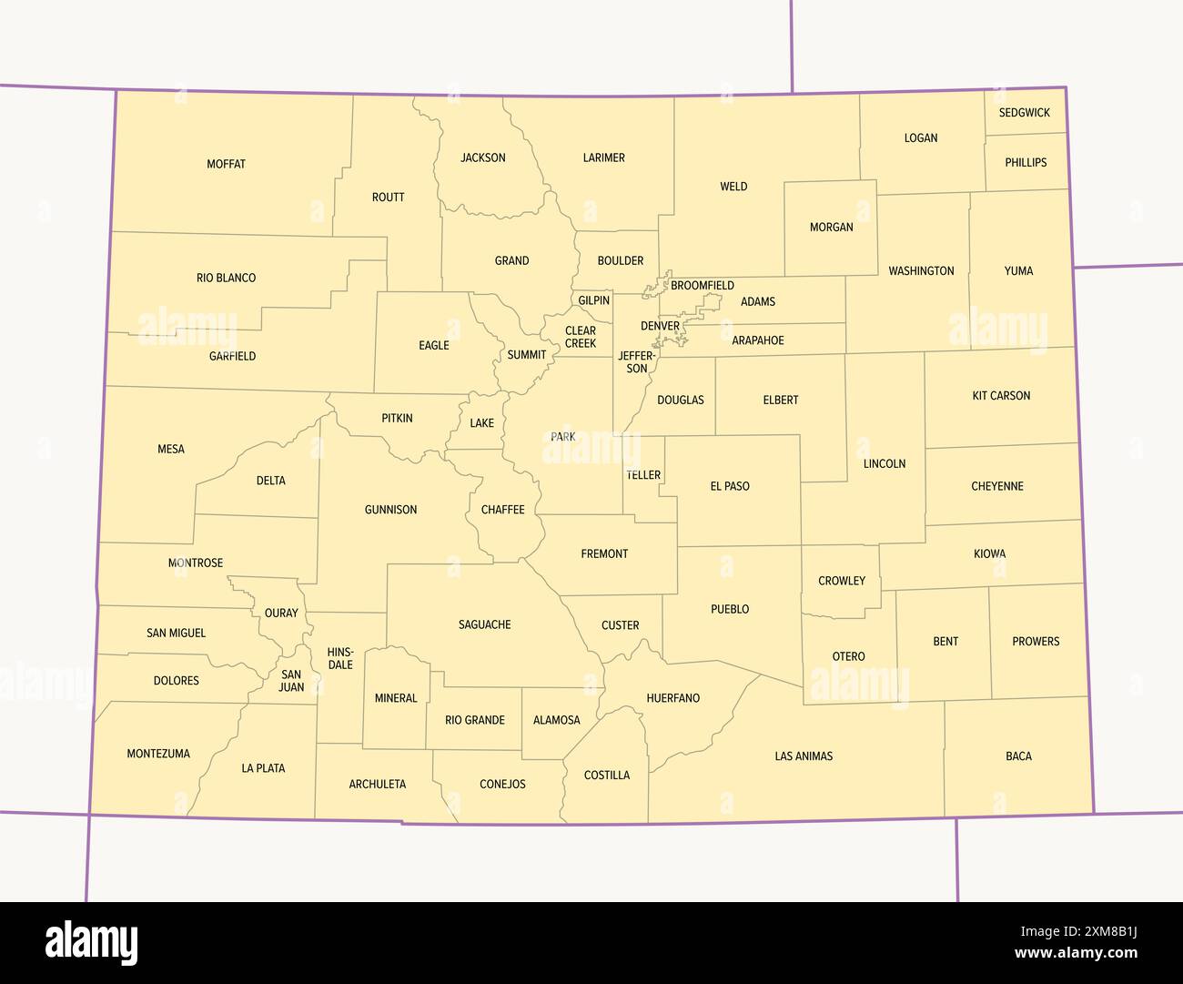 Colorado Countys, politische Karte mit Grenzen und Namen der Countys. Bundesstaat in der Subregion Mountain West der Vereinigten Staaten, unterteilt in 64 Countys. Stockfoto