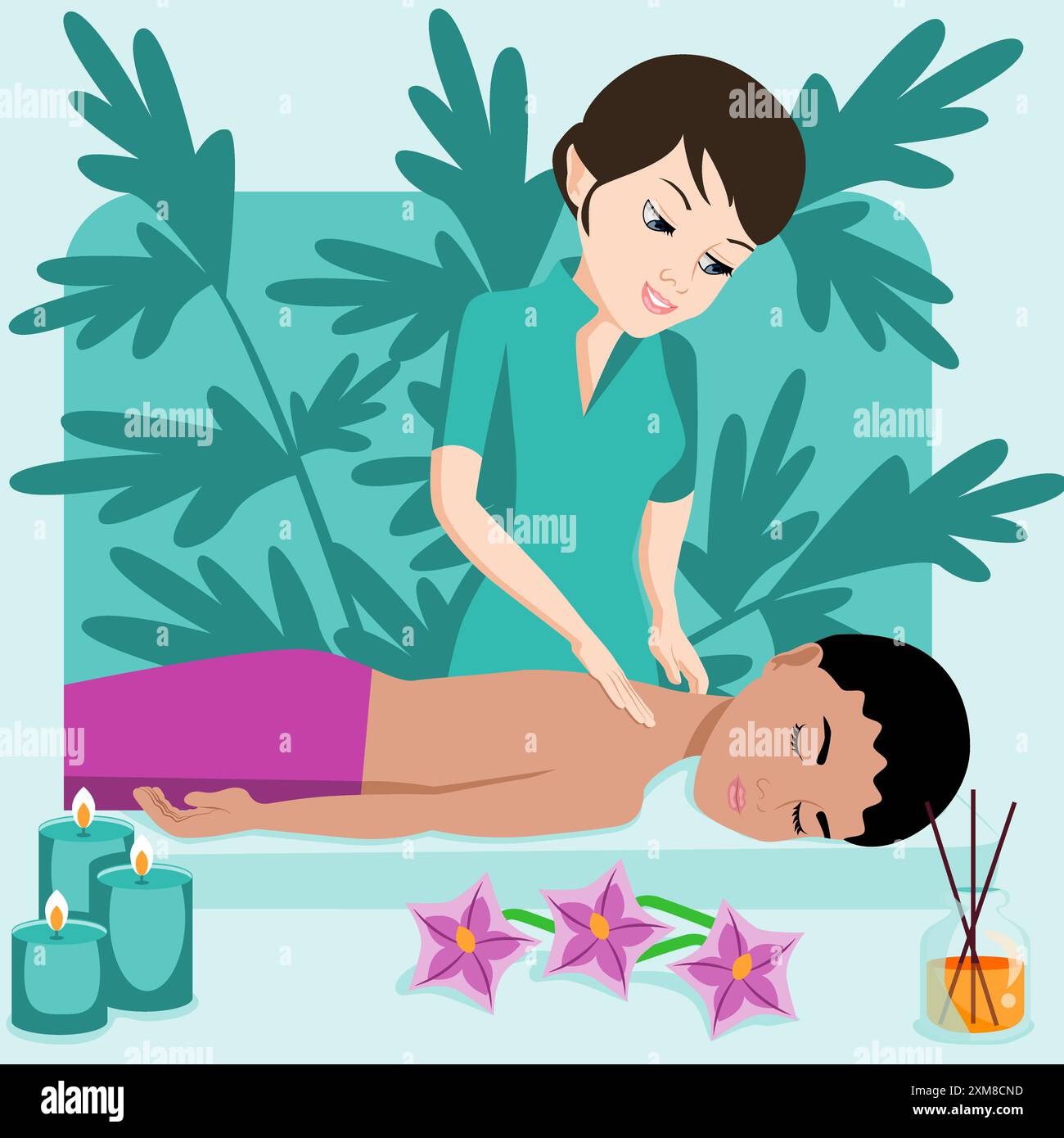 Schwedische Massage mit professionellen Massagetherapien im Spa. Europäische und indische Ethnizität. Abbildung isolierter flacher Vektor. Stock Vektor