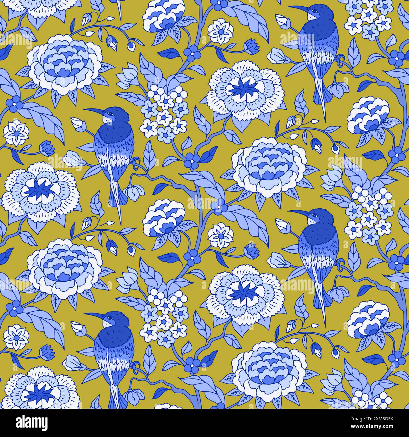 Nahtloses Muster mit einfarbigen blauen Chinoiserie handgezeichneten Blumen und Vogelmotiven Stock Vektor
