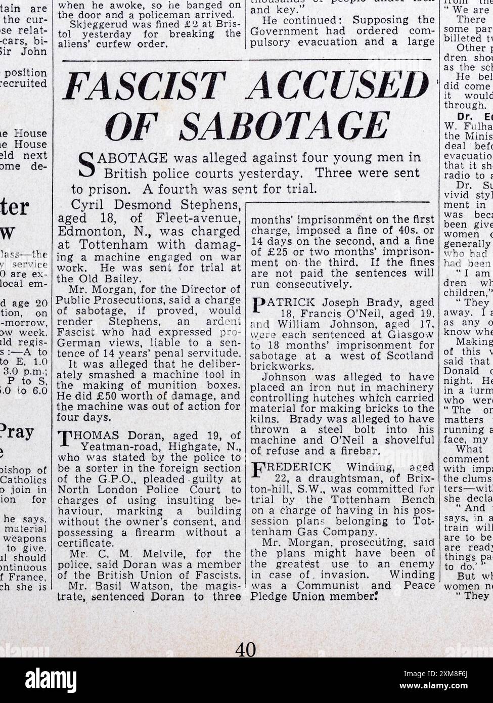 "Faschistische Angeklagte Sabotage" Schlagzeile in der Daily Mail (Replica), 14. Juni 1940, während der Schlacht um Frankreich. Stockfoto