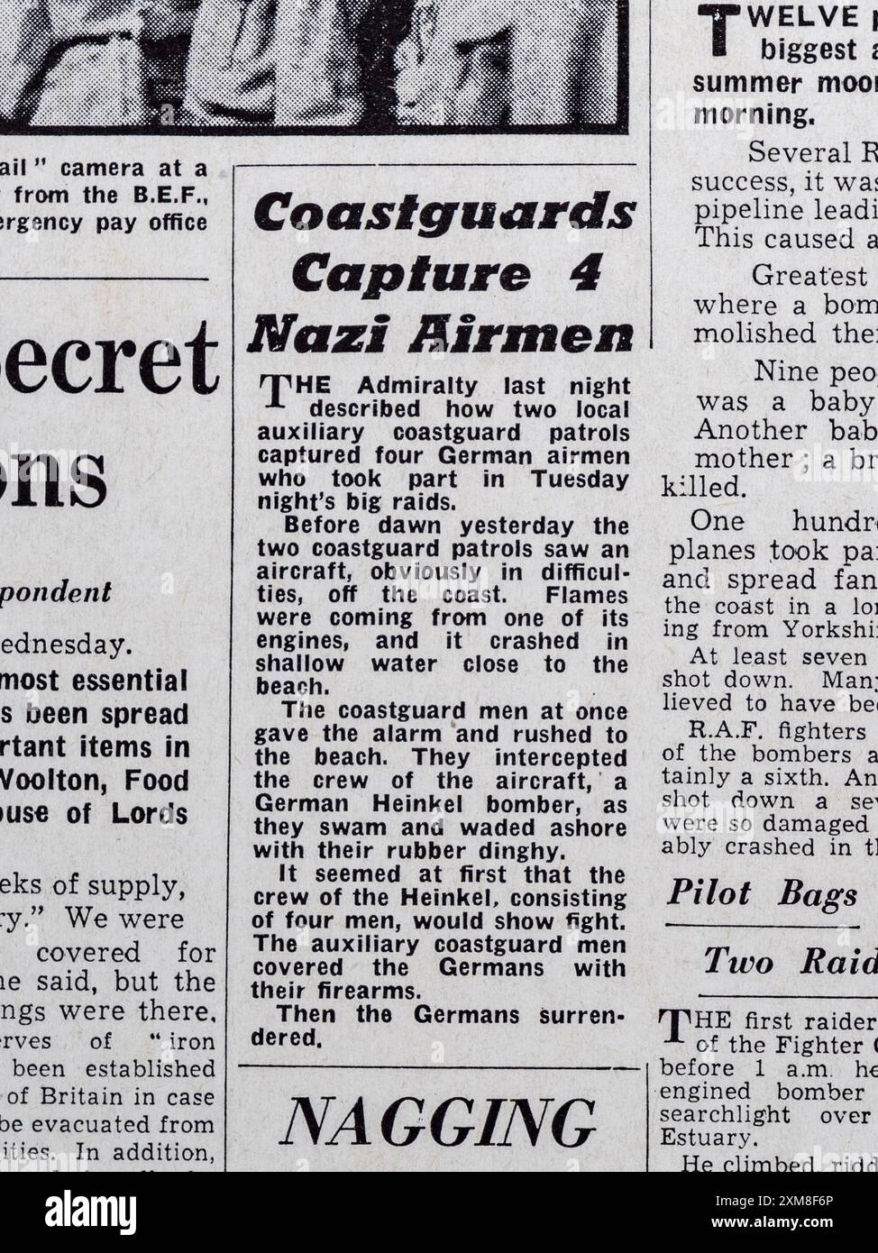 „Coastguards Capture 4 Nazi Airmen“ Schlagzeile in der Daily Mail (Replica), 20. Juni 1940, nach der Schlacht von Frankreich. Stockfoto