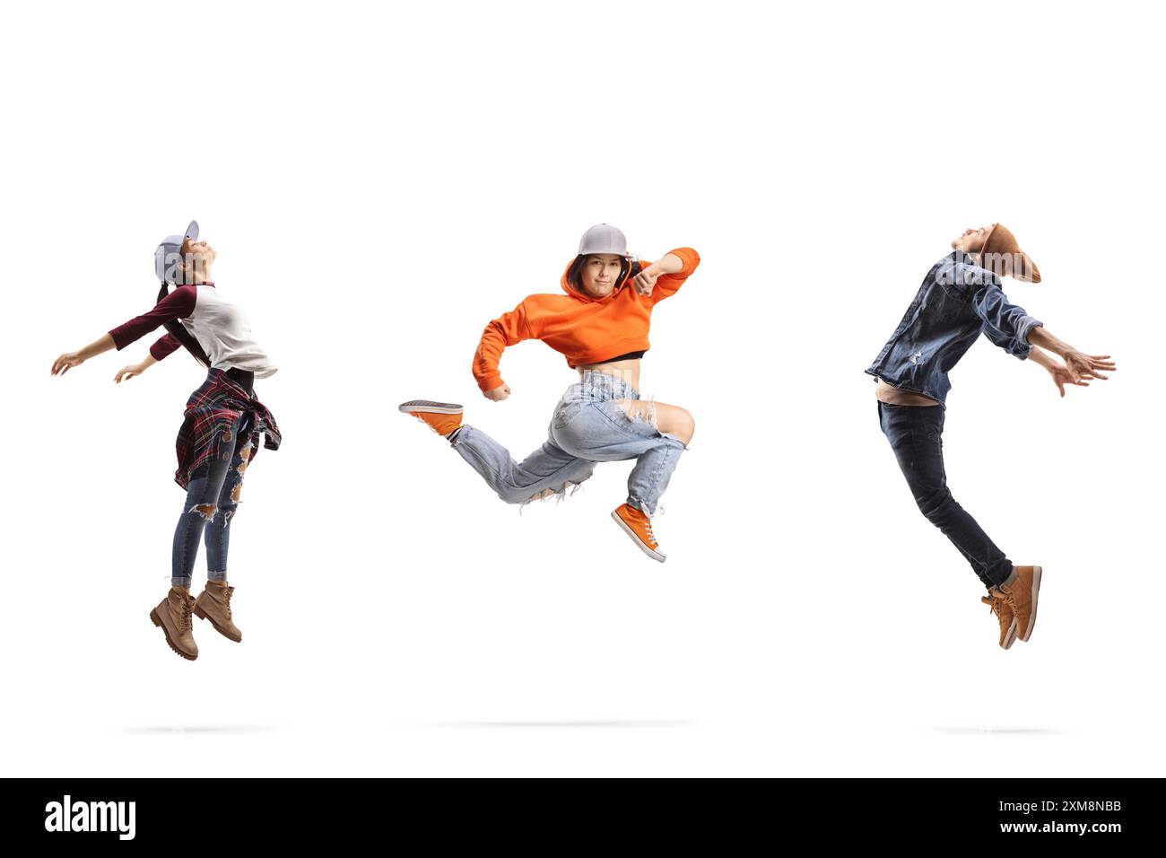 Junge Männer und Frauen tanzen Breakdance isoliert auf weißem Hintergrund Stockfoto