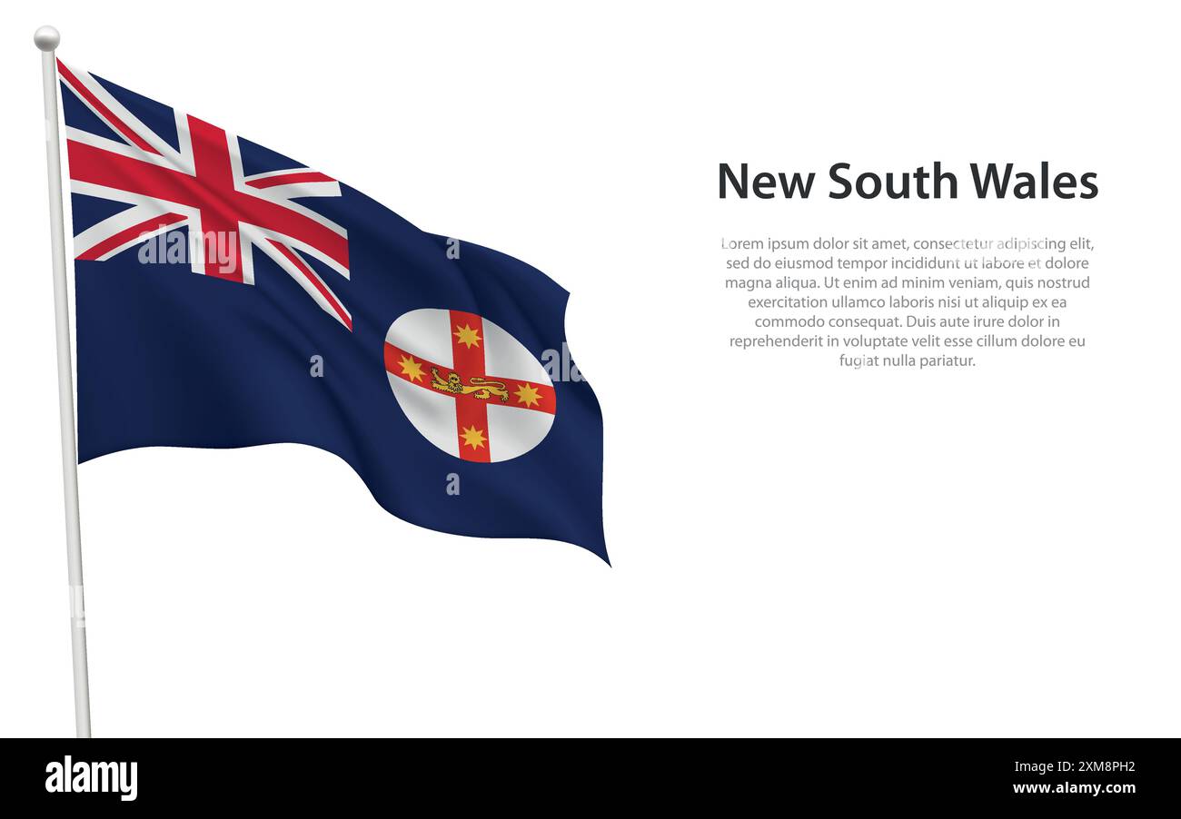 Die isolierte, winkende Flagge von New South Wales ist ein Bundesstaat Australien auf weißem Hintergrund. Stock Vektor