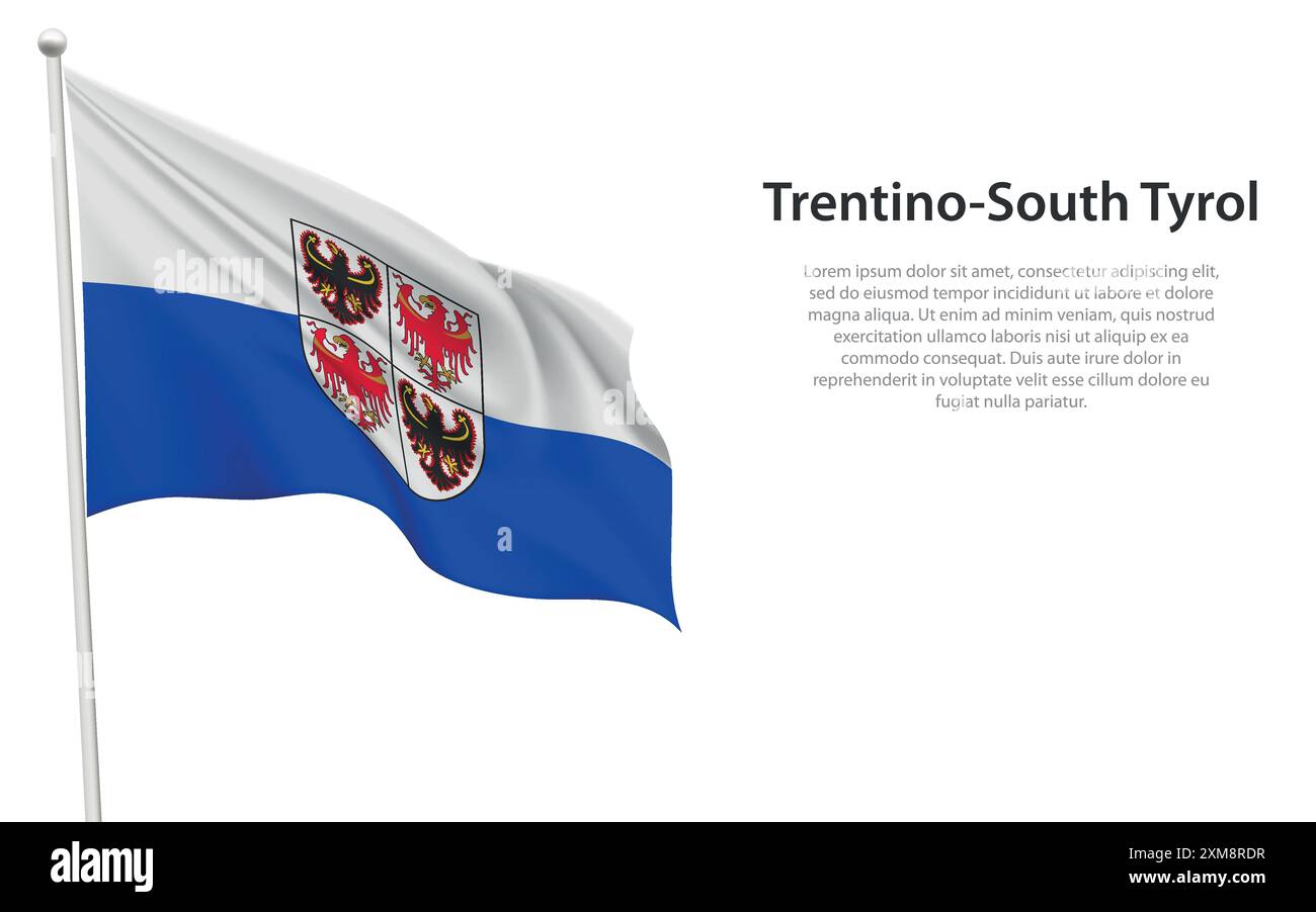Die abgelegene, winkende Flagge von Trentino-Südtirol ist eine Region Italiens auf weißem Hintergrund. Stock Vektor