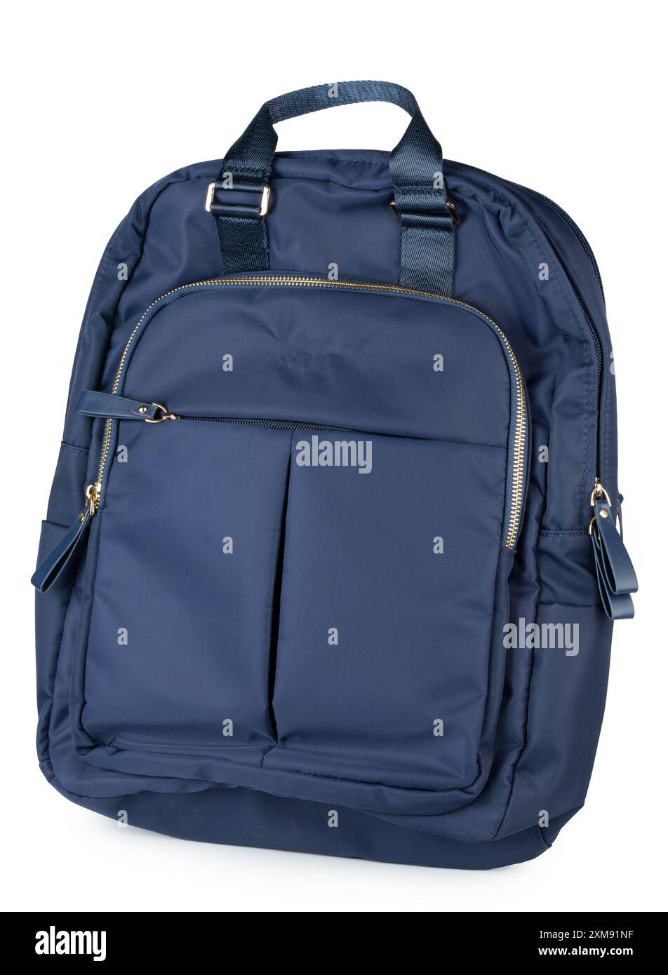 Blauer Stoffrucksack isoliert auf weißem Studiohintergrund Stockfoto