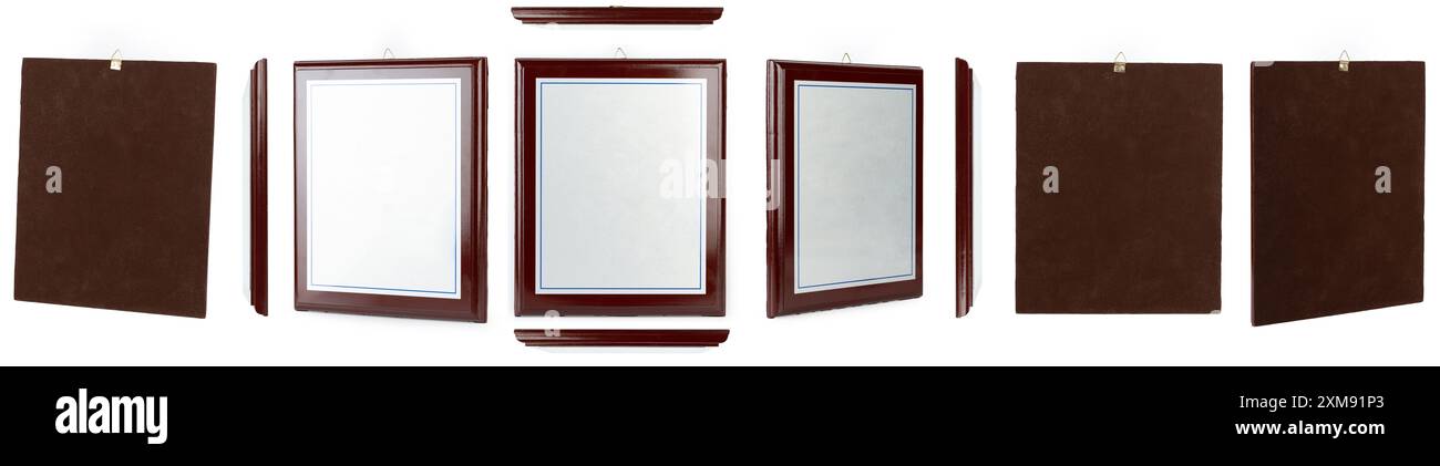 Unterschiedliche Ansicht des braunen Holzrahmens isoliert auf weißem Studiohintergrund Stockfoto