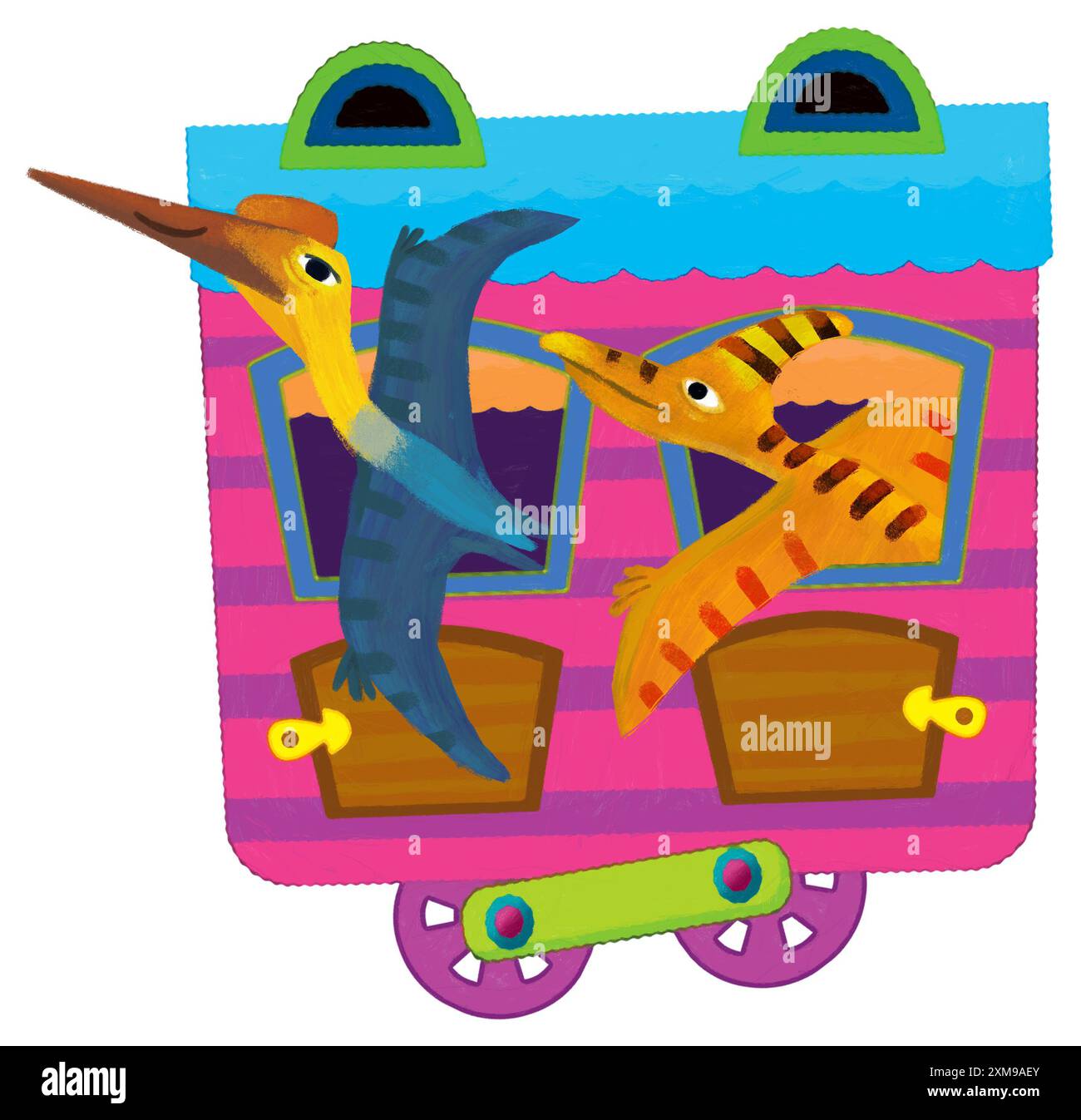 Comic lustig aussehender bunter Wagen mit Dino Dinosaurier Tier Eidechse isolierte Illustration für Kinder Stockfoto