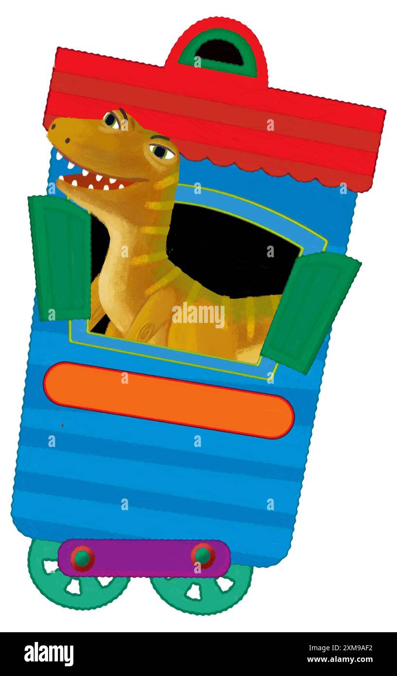 Comic lustig aussehender bunter Wagen mit Dino Dinosaurier Tier Eidechse isolierte Illustration für Kinder Stockfoto