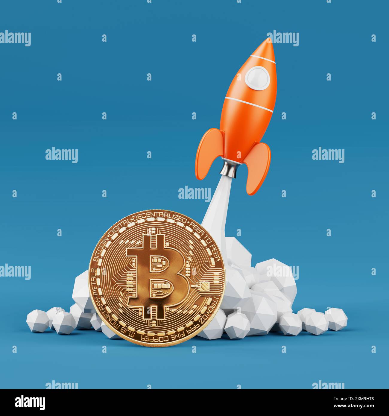 Bitcoin-Wachstumskonzept. Toy Rocket nimmt Rauch mit der digitalen goldenen Kryptowährung Bitcoin Münze auf blauem Hintergrund ab. 3D-Rendering Stockfoto