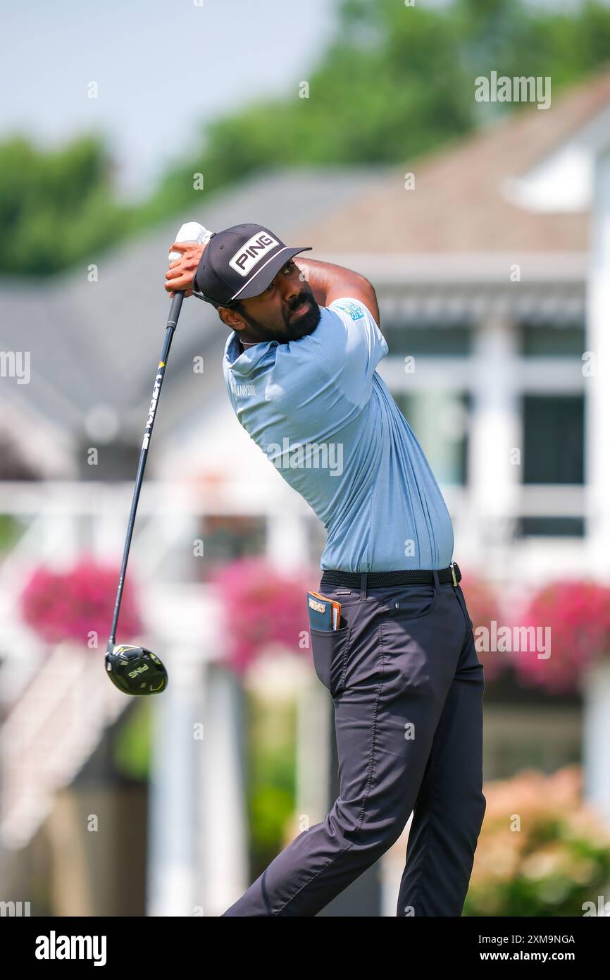 Blaine, Minnesota, USA. Juli 2024. SAHITH THEEGALA schlägt am 26. Juli 2024 bei den PGA 3M Open 2024 in TPC Twin Cities in Loch 5 ab. (Kreditbild: © Steven Garcia/ZUMA Press Wire) NUR REDAKTIONELLE VERWENDUNG! Nicht für kommerzielle ZWECKE! Quelle: ZUMA Press, Inc./Alamy Live News Stockfoto