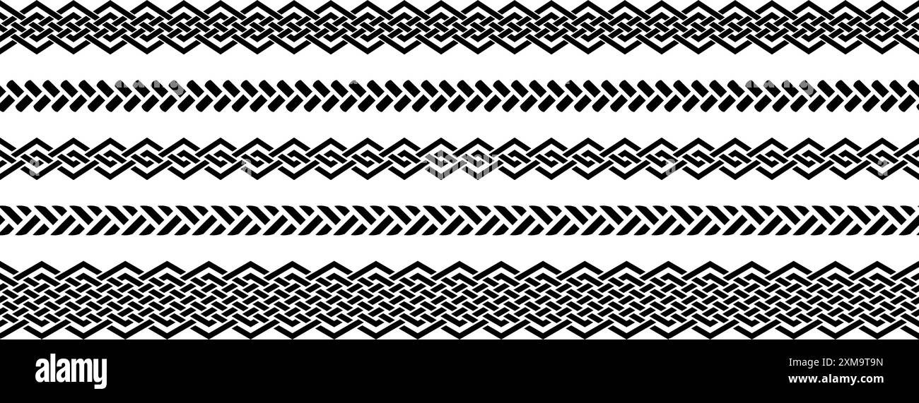 Nahtloses Set aus Knoten im Retro-Look. Schwarz wiederkehrende keltische Teiler oder Trennzeichen Sammlung. Geflochtenes Seil Ornament Motiv für Banner, Poster, Rahmen. Gewebte Designelemente im Paket. Vektorpaket Stock Vektor