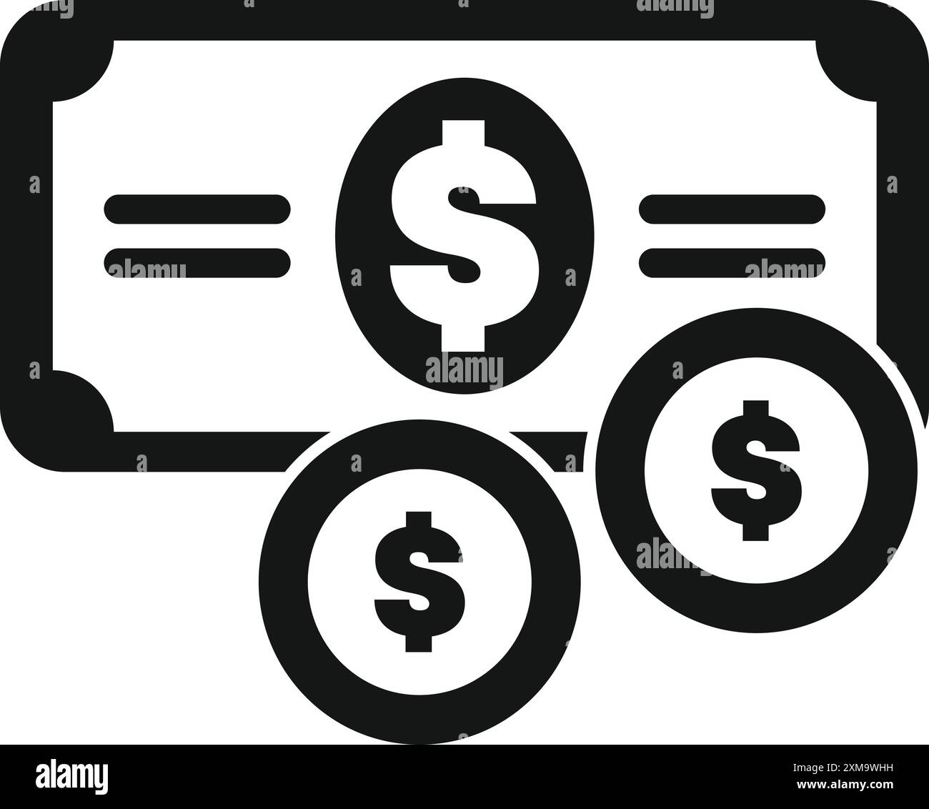 Schwarz-weiß-Symbol einer Banknote und Münzen, die das Konzept des Sparens und der Investition von Geld darstellen Stock Vektor