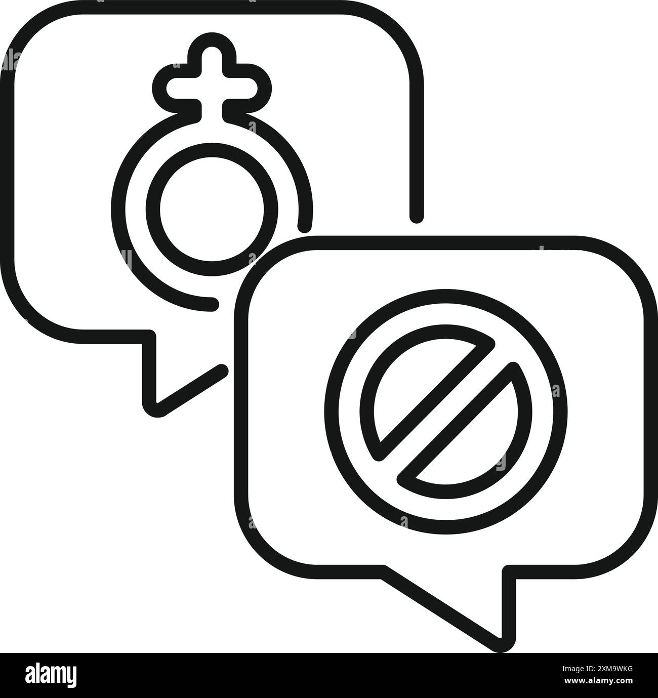 Zeilensymbol, das eine Chat-Blase darstellt, wobei ein weibliches Symbol mit einem verbotenen Symbol abgelehnt wird Stock Vektor