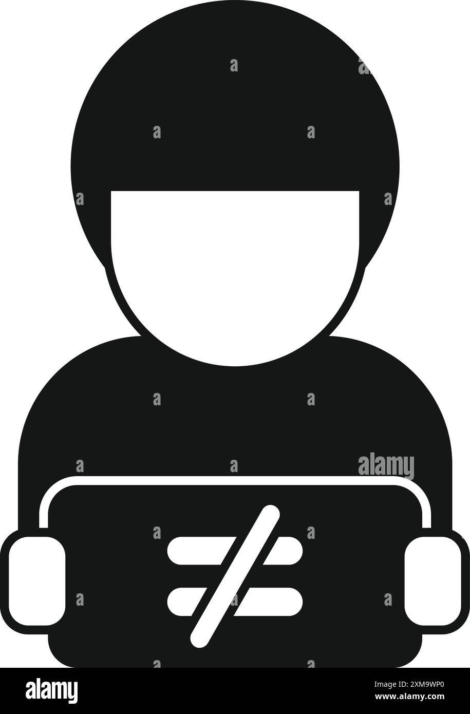 Schwarz-weiß-Illustration der digitalen Trennlinie mit einem Mann, der einen Tablet-Computer mit einem Ungleichheitssymbol auf dem Bildschirm hält Stock Vektor