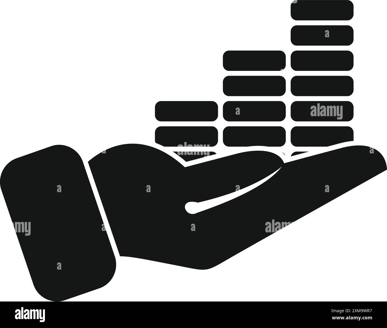 Dieses Schwarz-weiß-Symbol zeigt einen Geschäftsmann, der Stapel Münzen hält und damit Finanzwachstum und Erfolg symbolisiert Stock Vektor