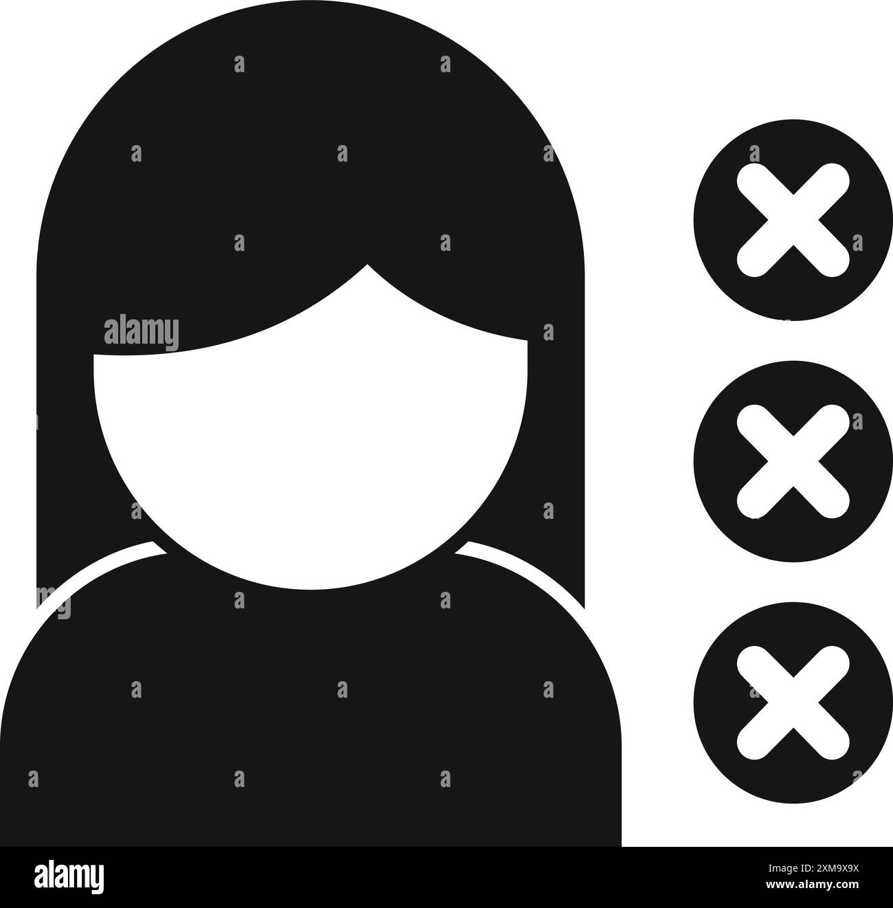 Einfaches Symbol einer Frau mit drei x Markierungen neben ihr, die eine negative Stimme oder Ablehnung darstellen Stock Vektor