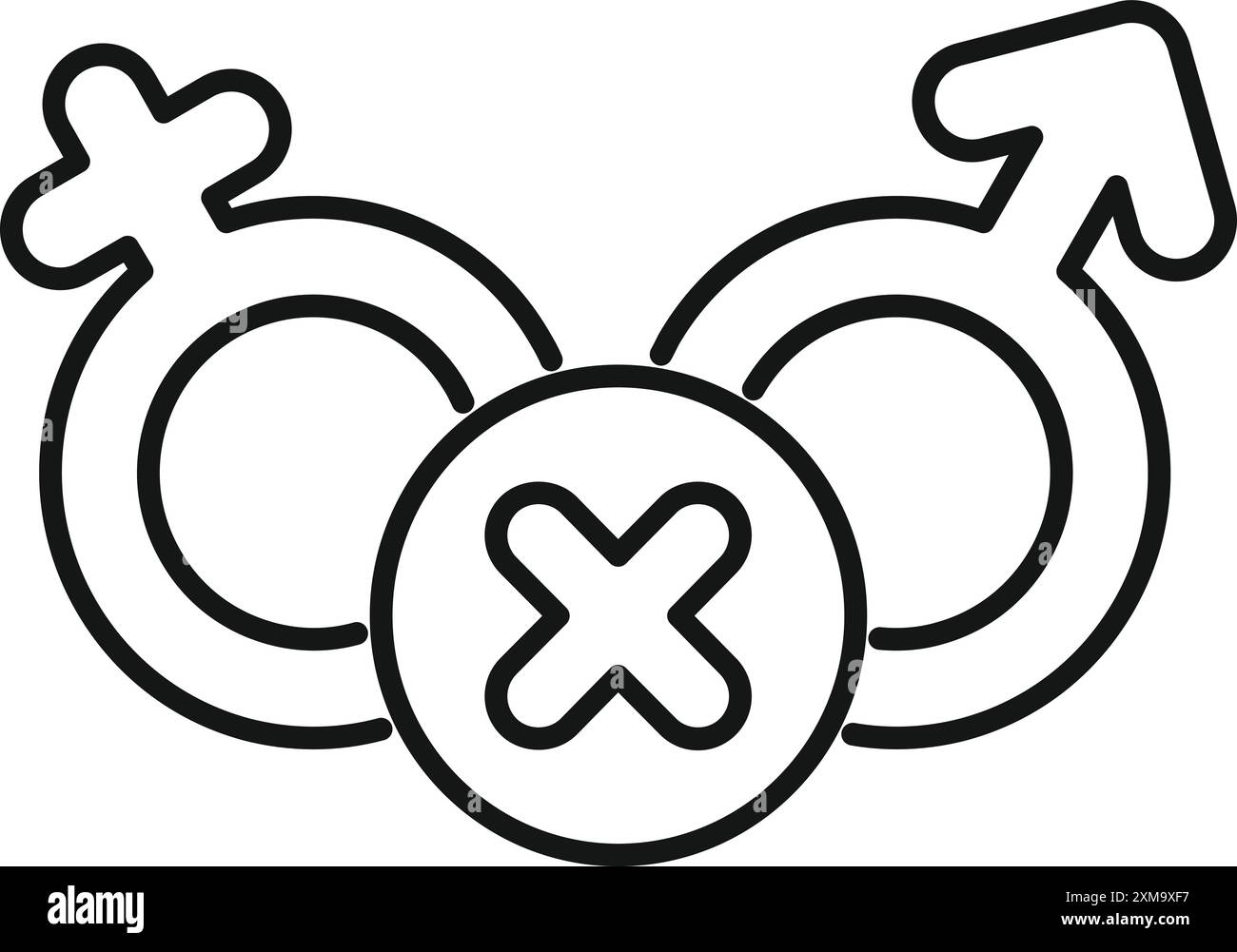 Strichgrafik-Illustration von männlichen und weiblichen Symbolen, die einander gegenüberstehen, mit einem Kreuz dazwischen Stock Vektor