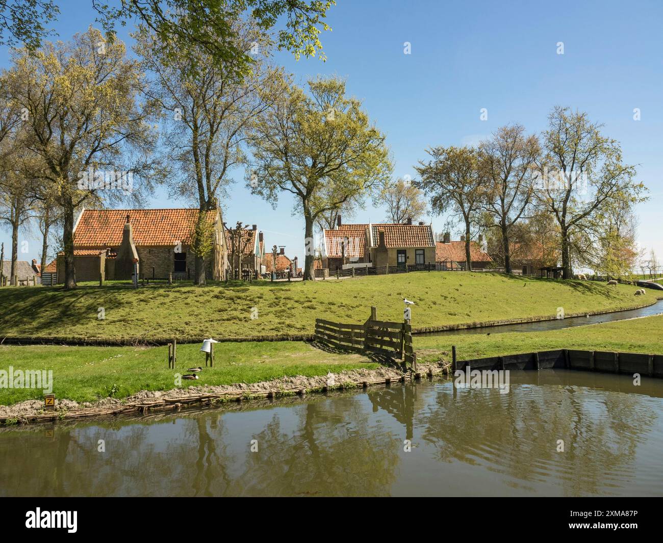 Kleines Dorf mit traditionellen Häusern und Bäumen am Wasser bei sonnigem Wetter, enkhuizen, niederlande Stockfoto