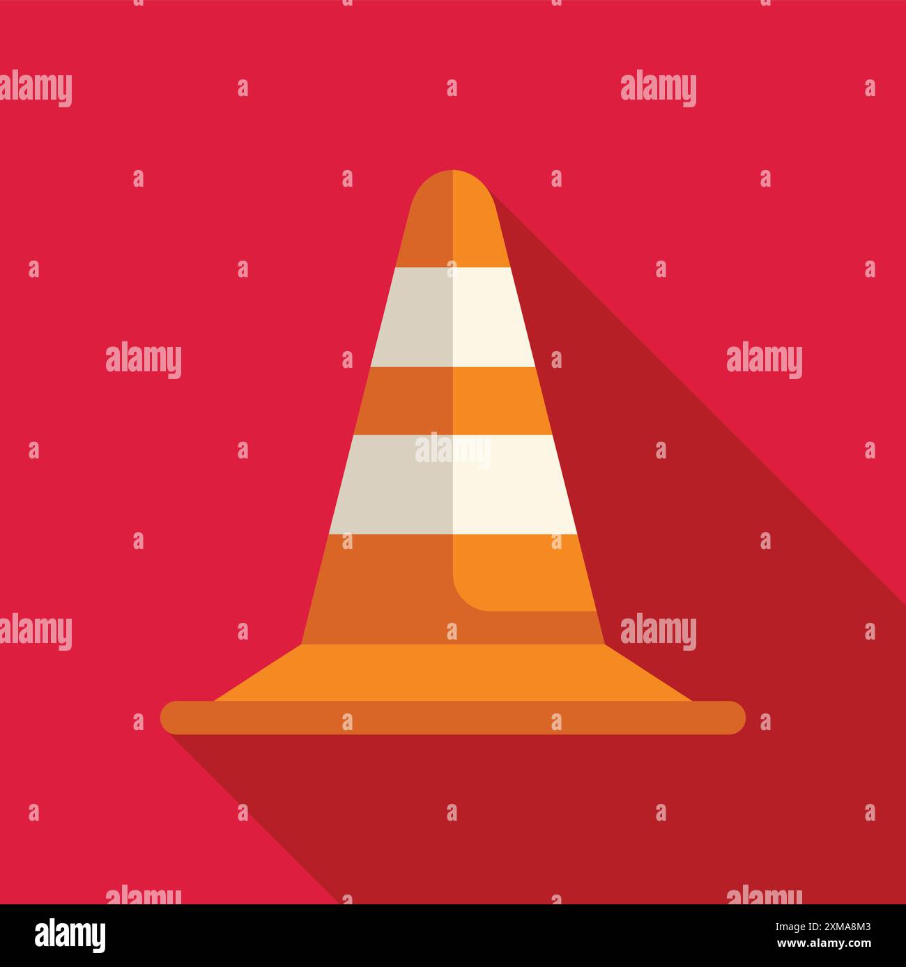 Orangefarbener und weißer Verkehrskegel, der einen langen Schatten vor einem roten Hintergrund wirft und Konzepte der Sicherheit, Vorsicht und Konstruktion darstellt Stock Vektor