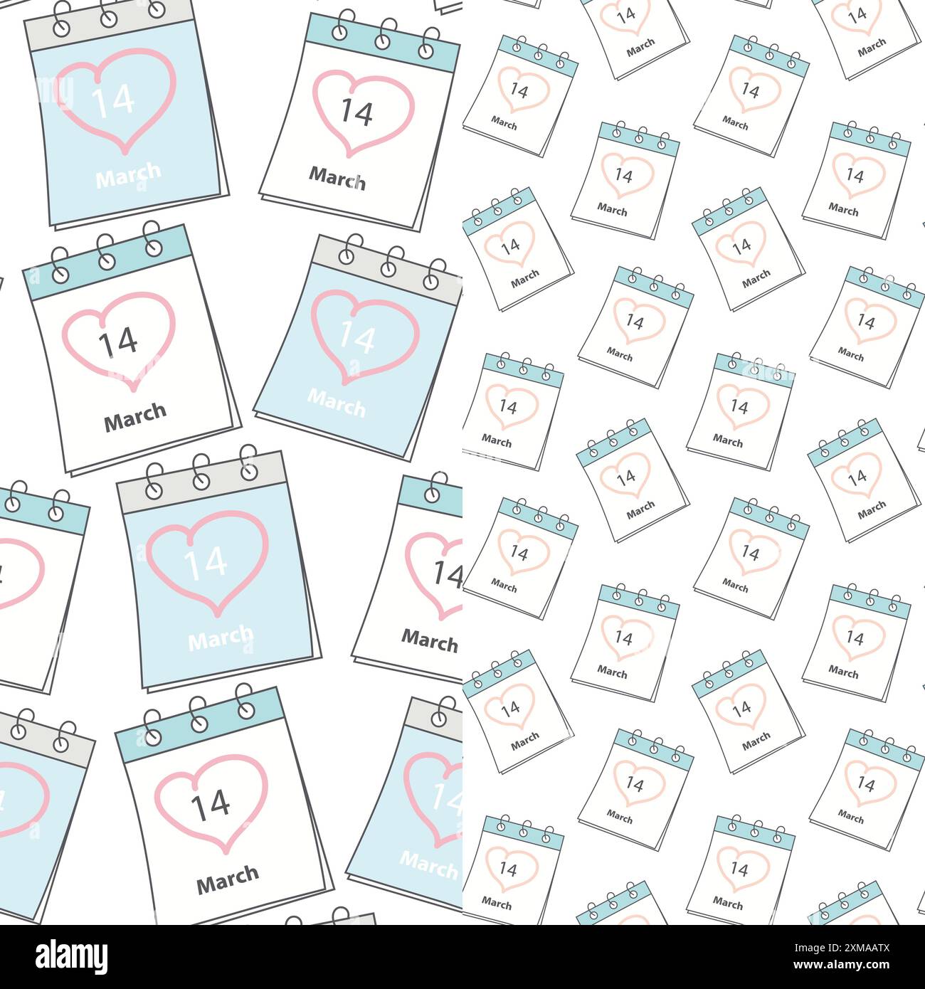 Kalenderseiten mit nahtlosen Mustern, Datum des Weißen Tages 14. März und Herzstrich. 2er-Set. Isolieren. EPS. Vektor für Verpackung, Tapeten, Paket oder Web, Karten, Poster, Etikett mit promotion oder Preis Stock Vektor