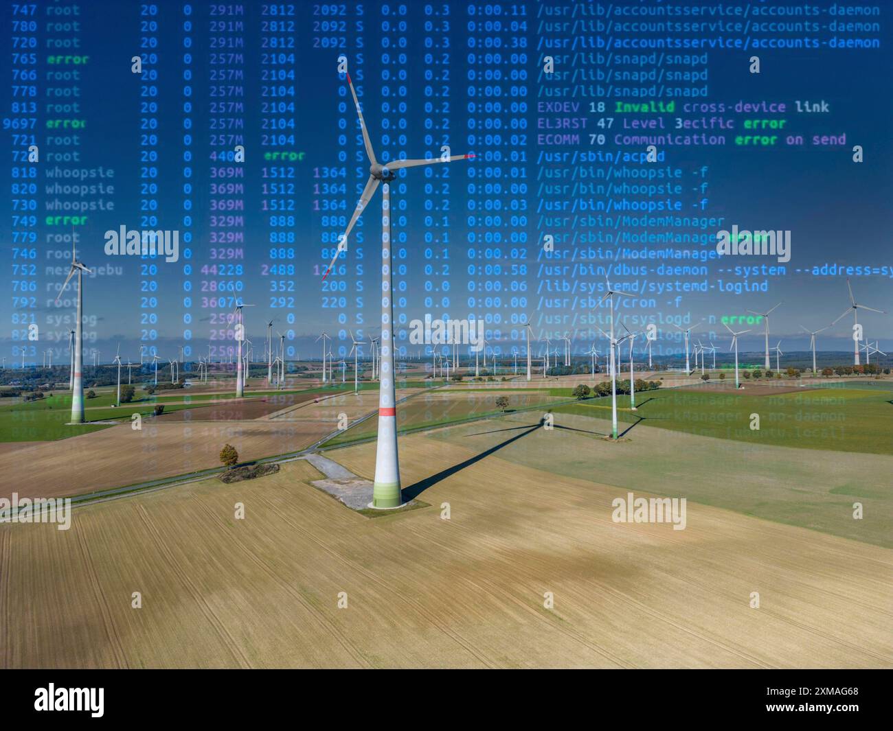 Symbolbild kritische Infrastruktur, Stromausfall-Risiko, Cyberterrorismus, Windpark bei Lichtenau, Windräder, Nordrhein-Westfalen, Deutschland Stockfoto