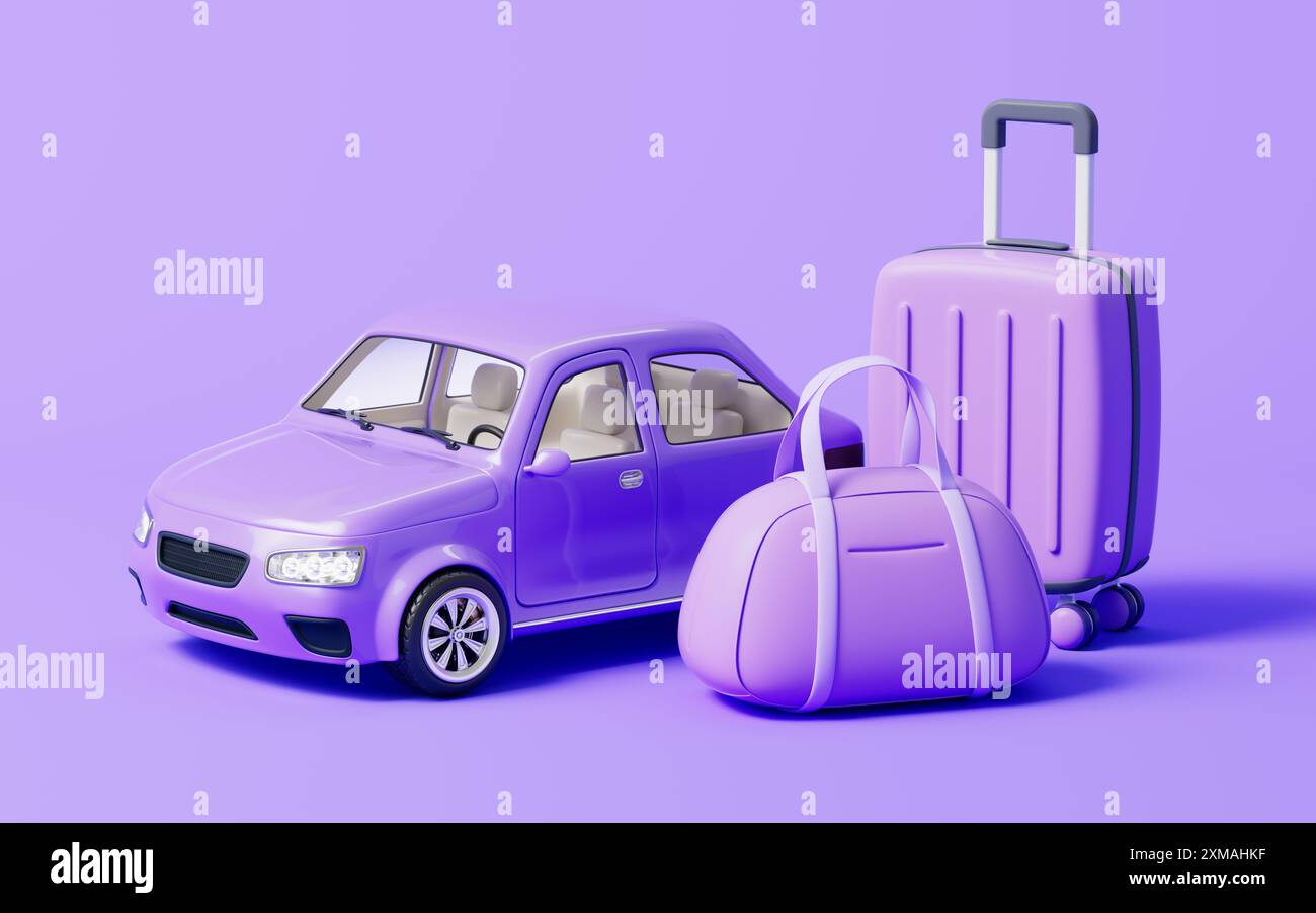 Auto und Reisen im Cartoon-Stil, 3D-Rendering. 3D-Abbildung. Stockfoto