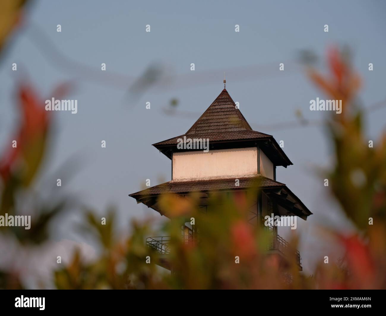 Ein Gebäude mit einem spitzen Dach und einer weißen Wand. Das Dach ist mit Blättern bedeckt und das Gebäude ist von Büschen umgeben Stockfoto