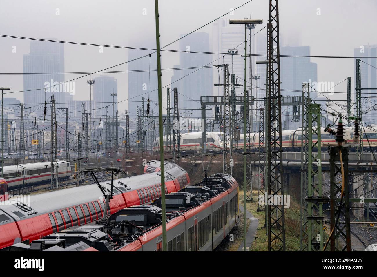 Bahngleise mit Regional- und Fernzügen, ICE, nach eisigem Regen, vor dem Frankfurter Hauptbahnhof, Skyline im Nebel, Hessen Stockfoto