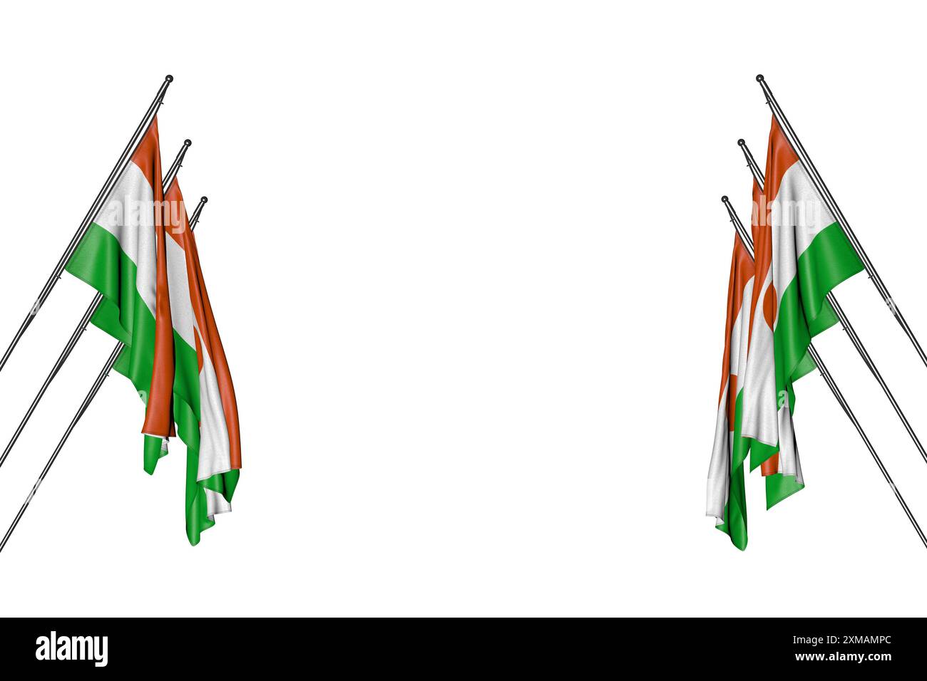 Ziemlich viele Niger-Flaggen hängen an diagonalen Pfosten von links und rechts isoliert auf weiß - jede Feiertagsfahne 3D-Illustration Stockfoto