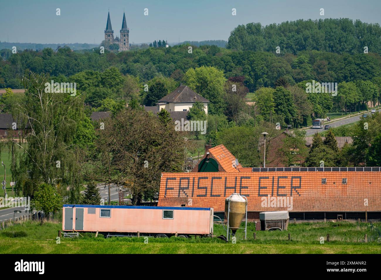 Bauernhof bei Xanten, verkauft frische Eier vom Bauernhof, Hofladen, Hoehnshof, Werbung auf dem roten Schindeldach, Nordrhein-Westfalen, Deutschland Stockfoto