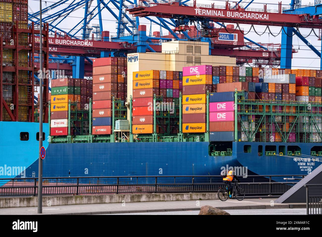 HMM Nuri Containerfrachter am HHLA Containerterminal Burchardkai im Waltershofer Hafen, beladen, Kapazität bis 16000 TEU, Hamburg Stockfoto